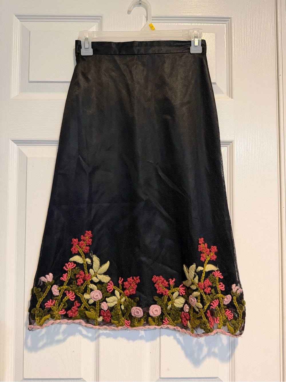 Black A-Line Midi Skirt with Pink & Green Floral Embroidery